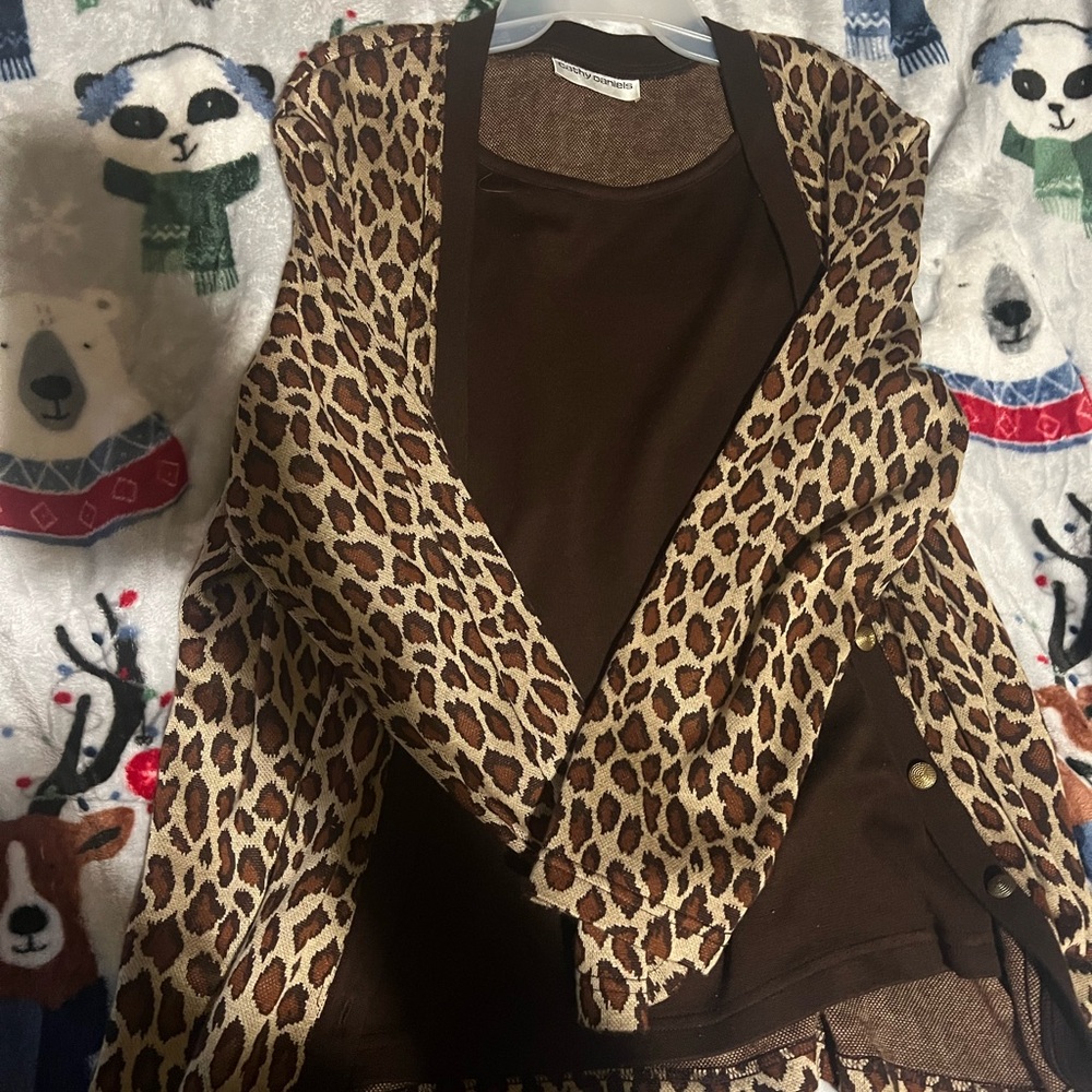 Leopard Print Cardigan and Brown Top Set